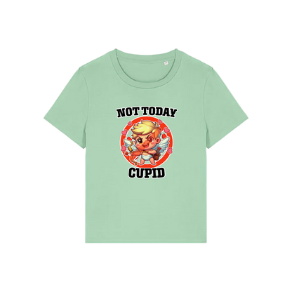 green funny t-shirt with the graphic of cupid and the slogan 'not today cupid'
