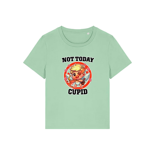 green funny t-shirt with the graphic of cupid and the slogan 'not today cupid'