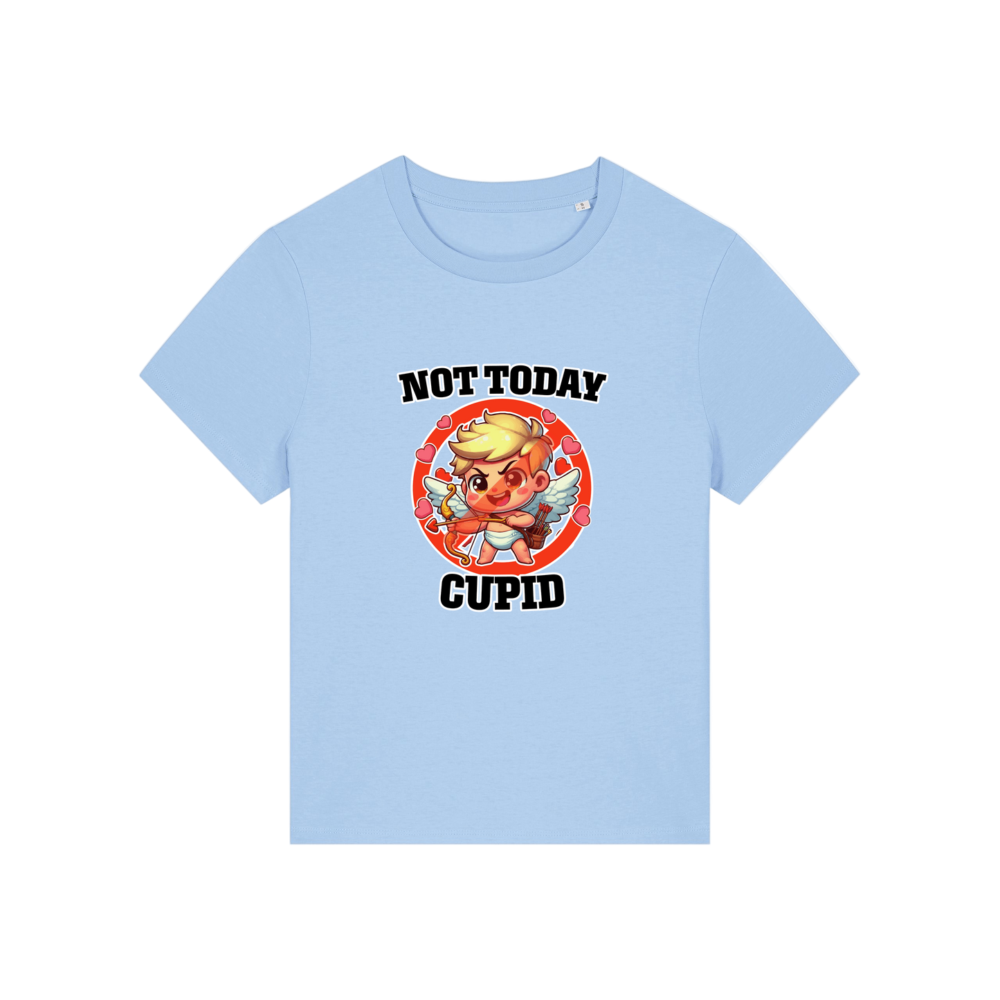 light blue funny t-shirt with the graphic of cupid and the slogan 'not today cupid'