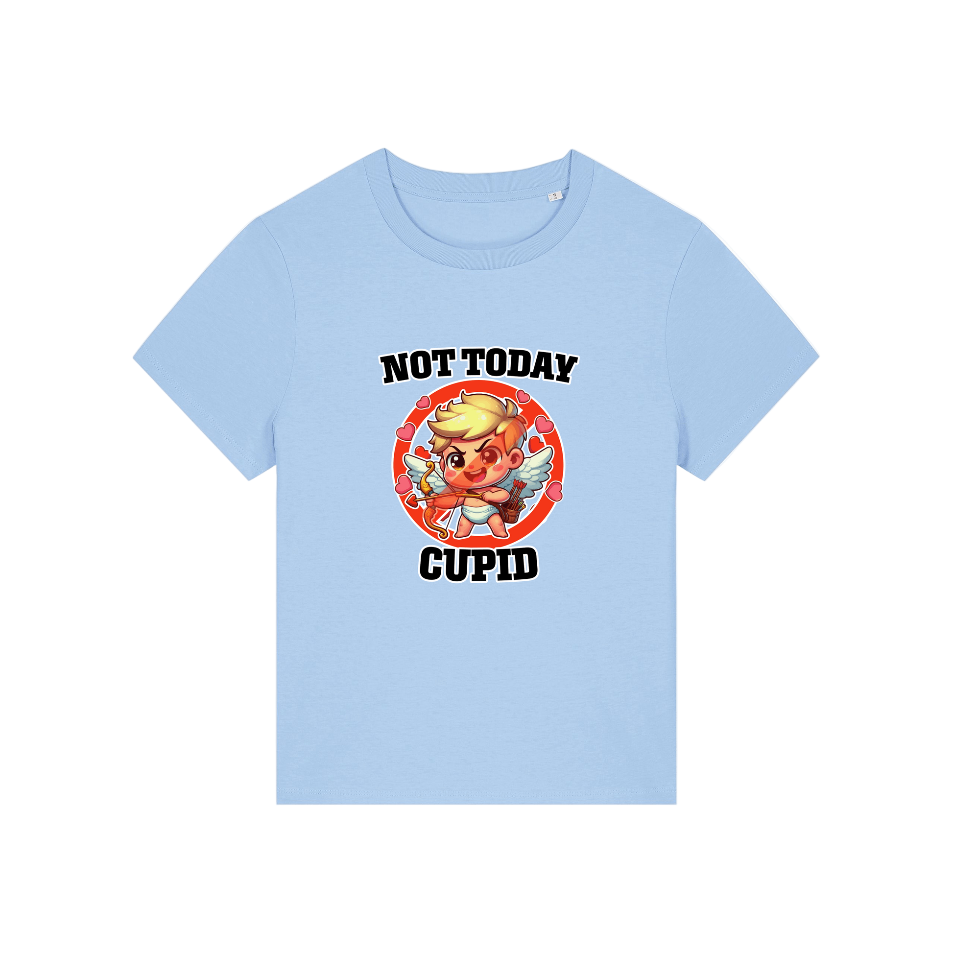 light blue funny t-shirt with the graphic of cupid and the slogan 'not today cupid'