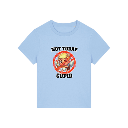 light blue funny t-shirt with the graphic of cupid and the slogan 'not today cupid'