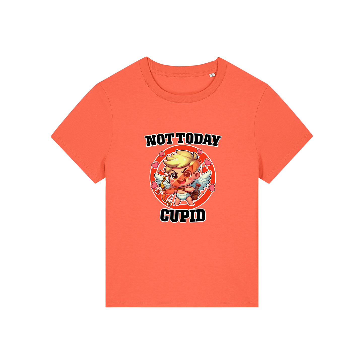 orange funny t-shirt with the graphic of cupid and the slogan 'not today cupid'