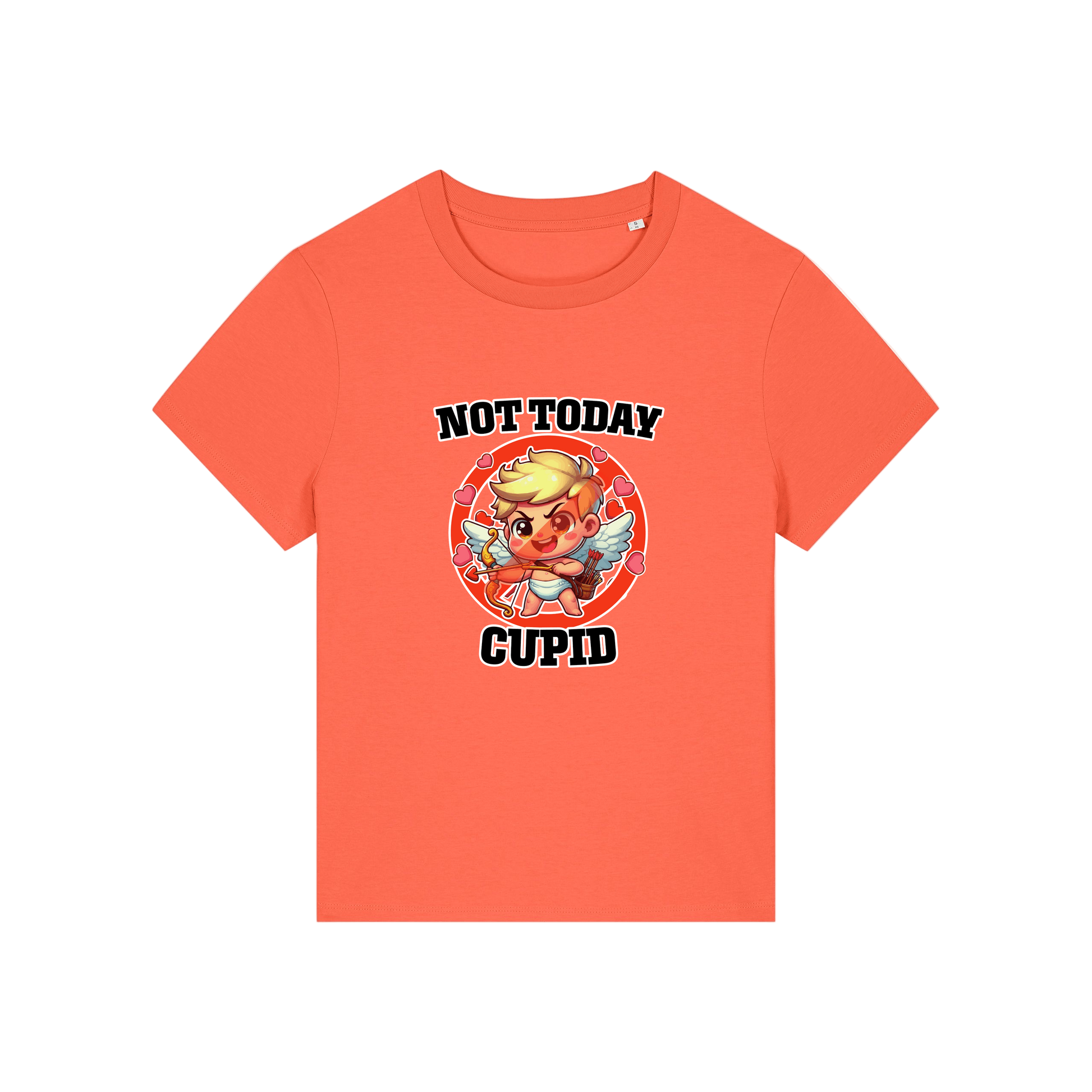 orange funny t-shirt with the graphic of cupid and the slogan 'not today cupid'