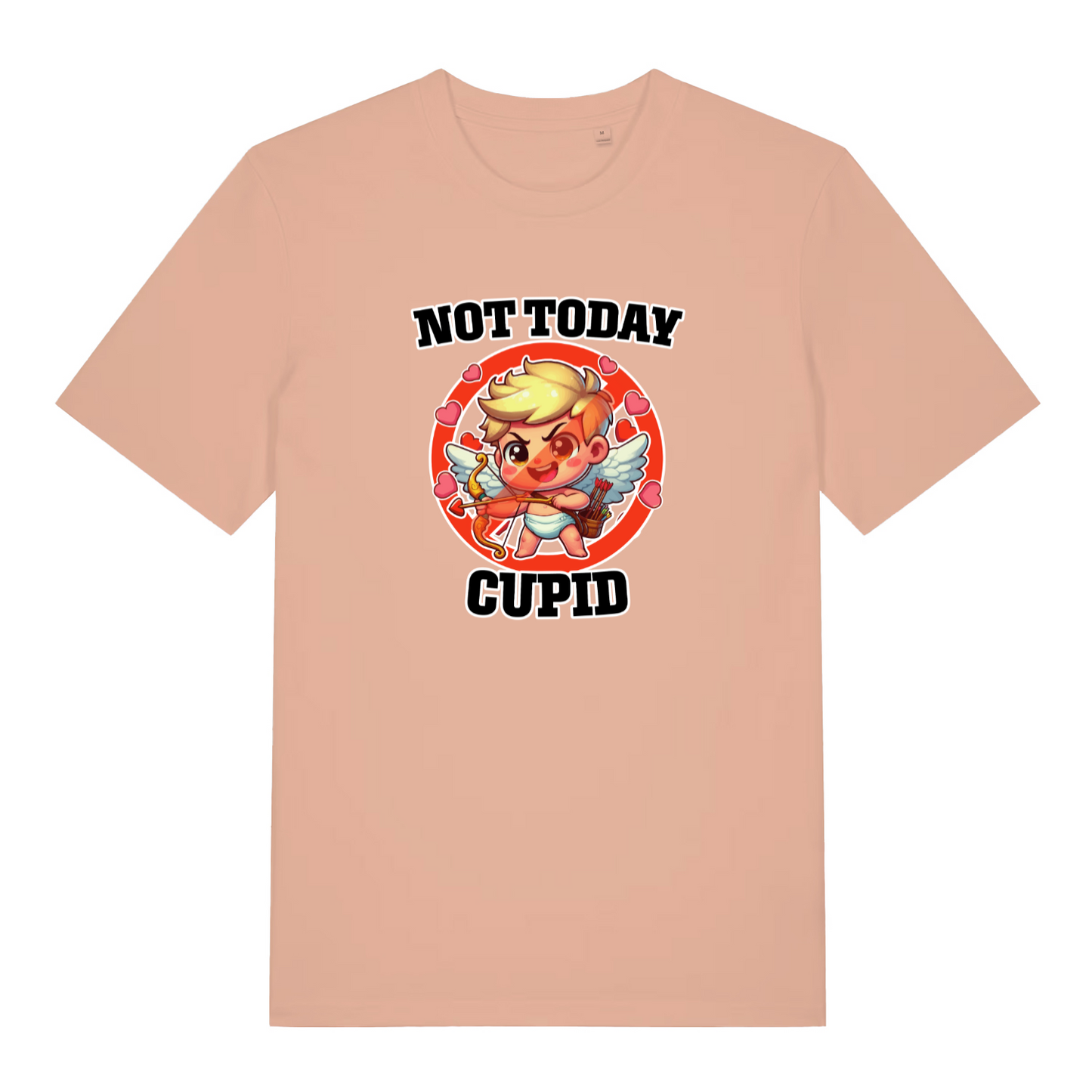 peach women's funny graphic t-shirt with a cupid design and the slogan 'not today cupid'