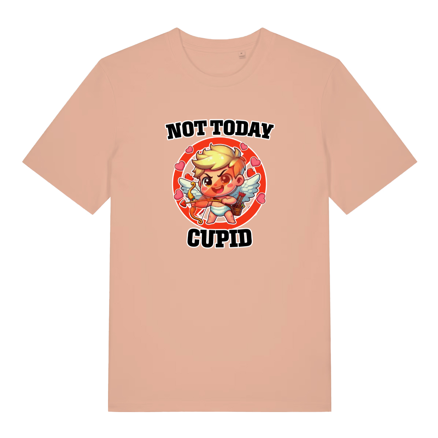 peach women's funny graphic t-shirt with a cupid design and the slogan 'not today cupid'