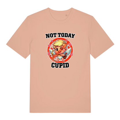 peach women's funny graphic t-shirt with a cupid design and the slogan 'not today cupid'