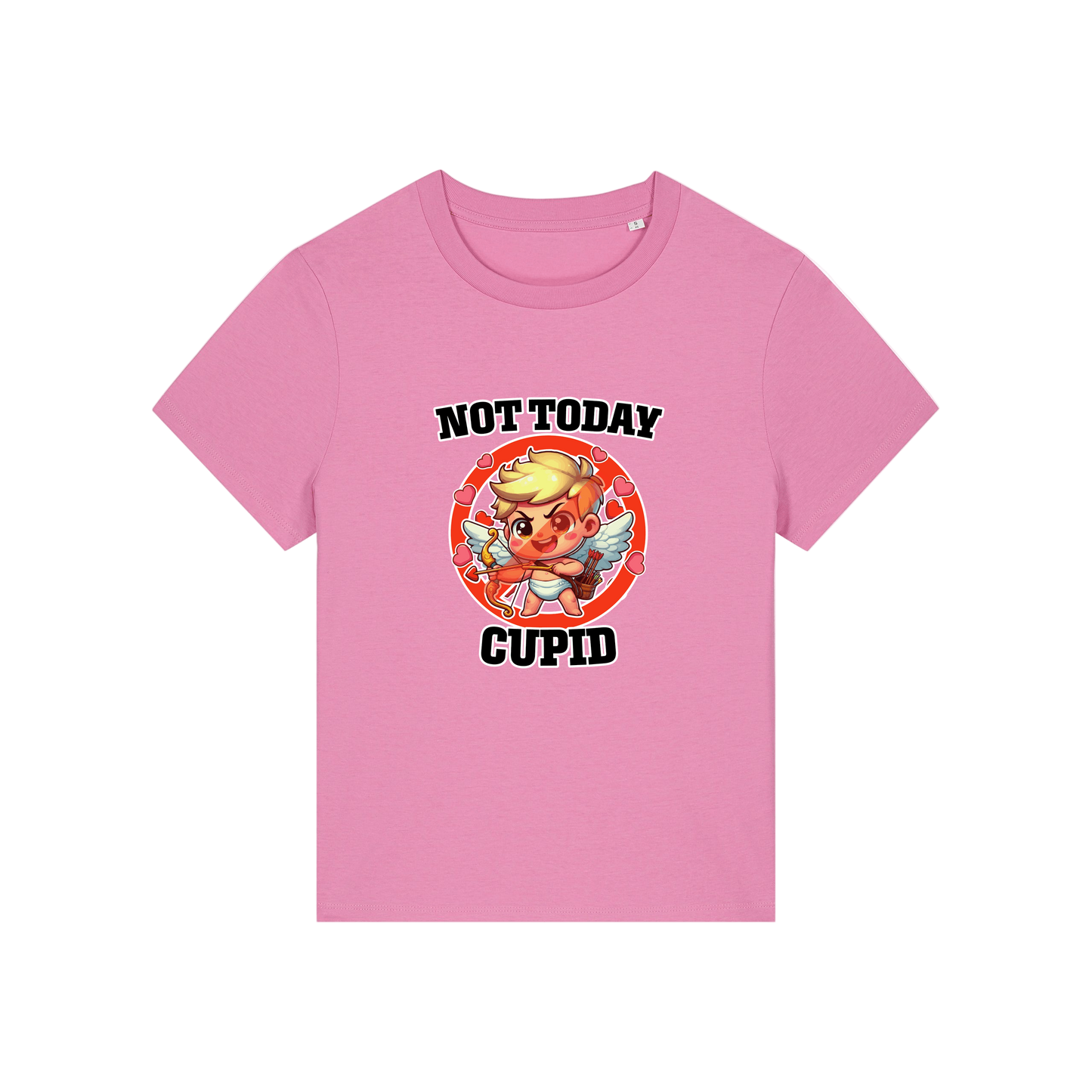 pink funny t-shirt with the graphic of cupid and the slogan 'not today cupid'