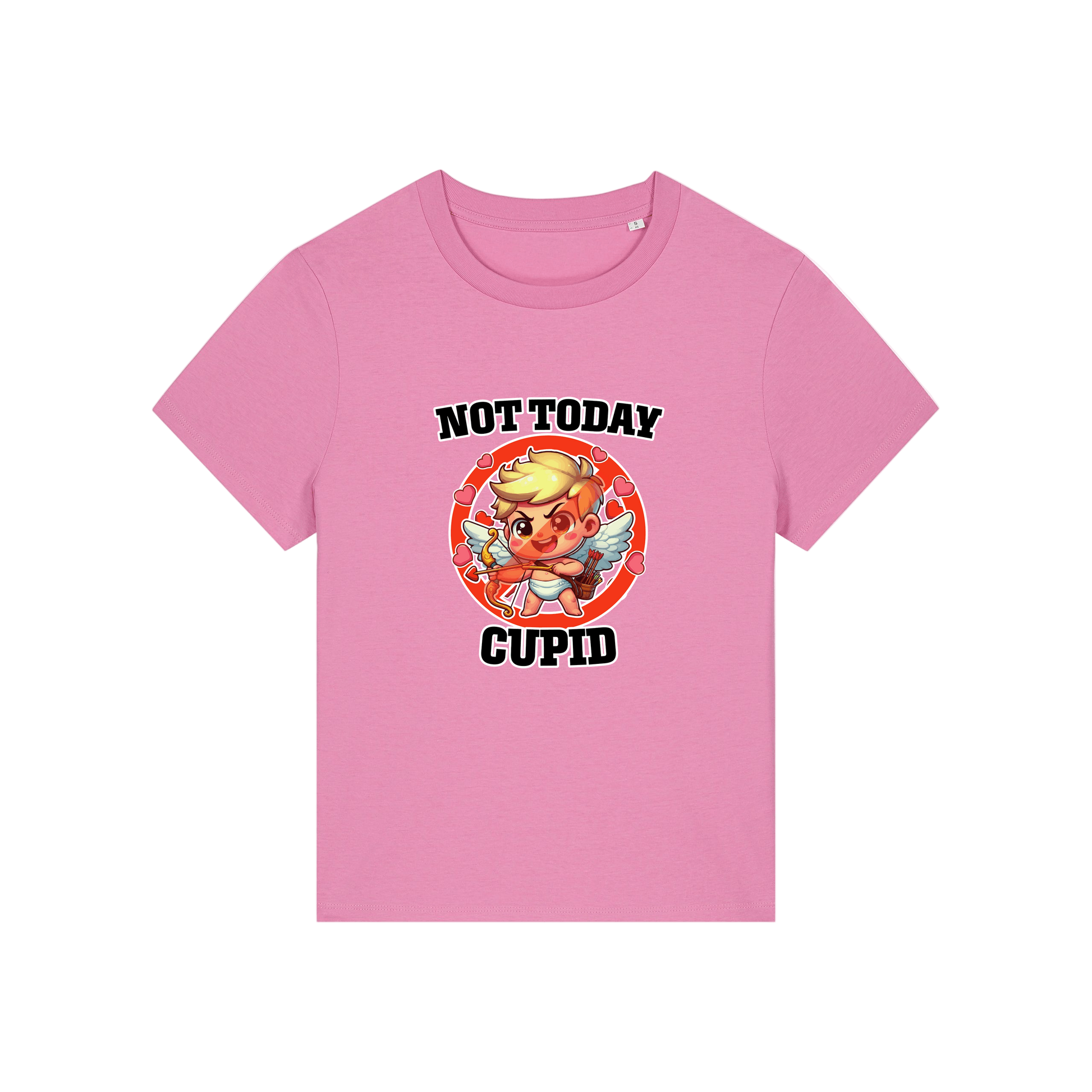 pink funny t-shirt with the graphic of cupid and the slogan 'not today cupid'