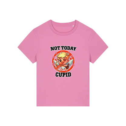 pink funny t-shirt with the graphic of cupid and the slogan 'not today cupid'