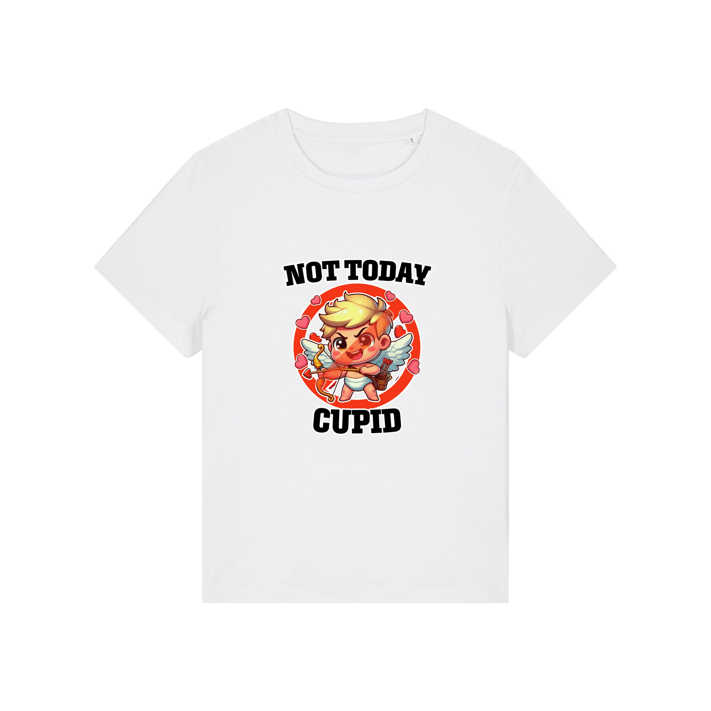 white funny t-shirt with the graphic of cupid and the slogan 'not today cupid'