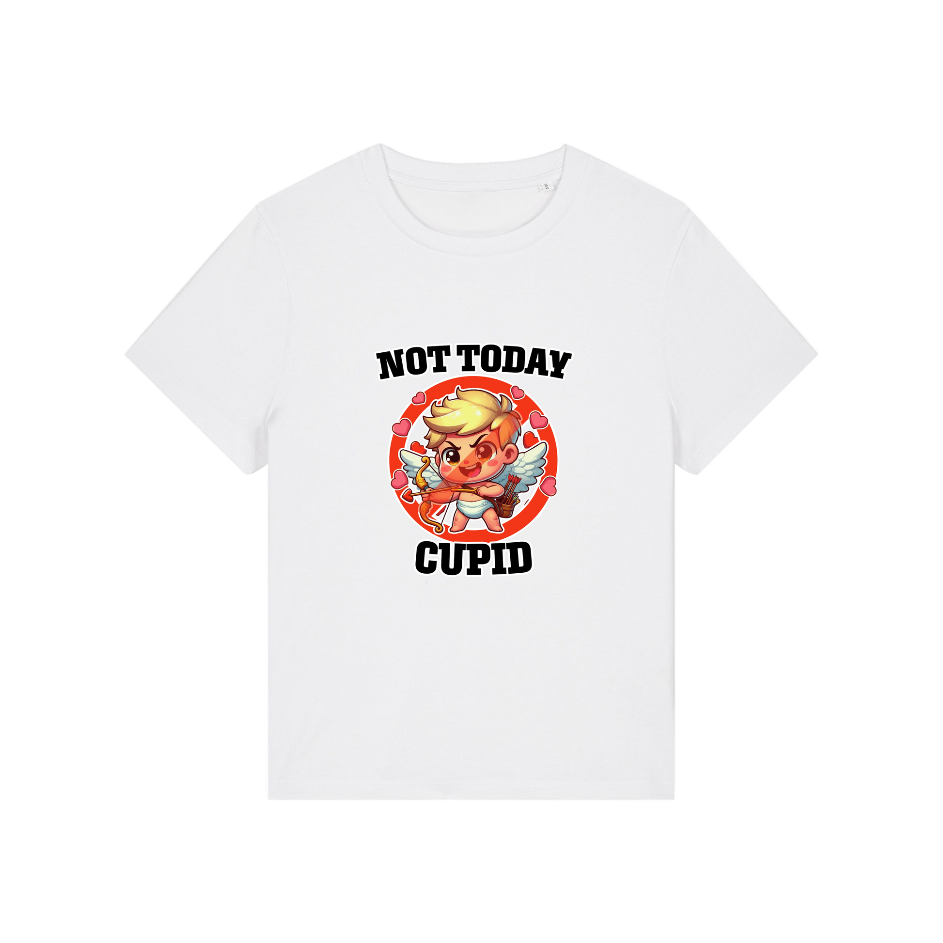 white funny t-shirt with the graphic of cupid and the slogan 'not today cupid'
