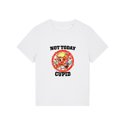 white funny t-shirt with the graphic of cupid and the slogan 'not today cupid'