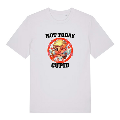 white women's funny graphic t-shirt with a cupid design and the slogan 'not today cupid'