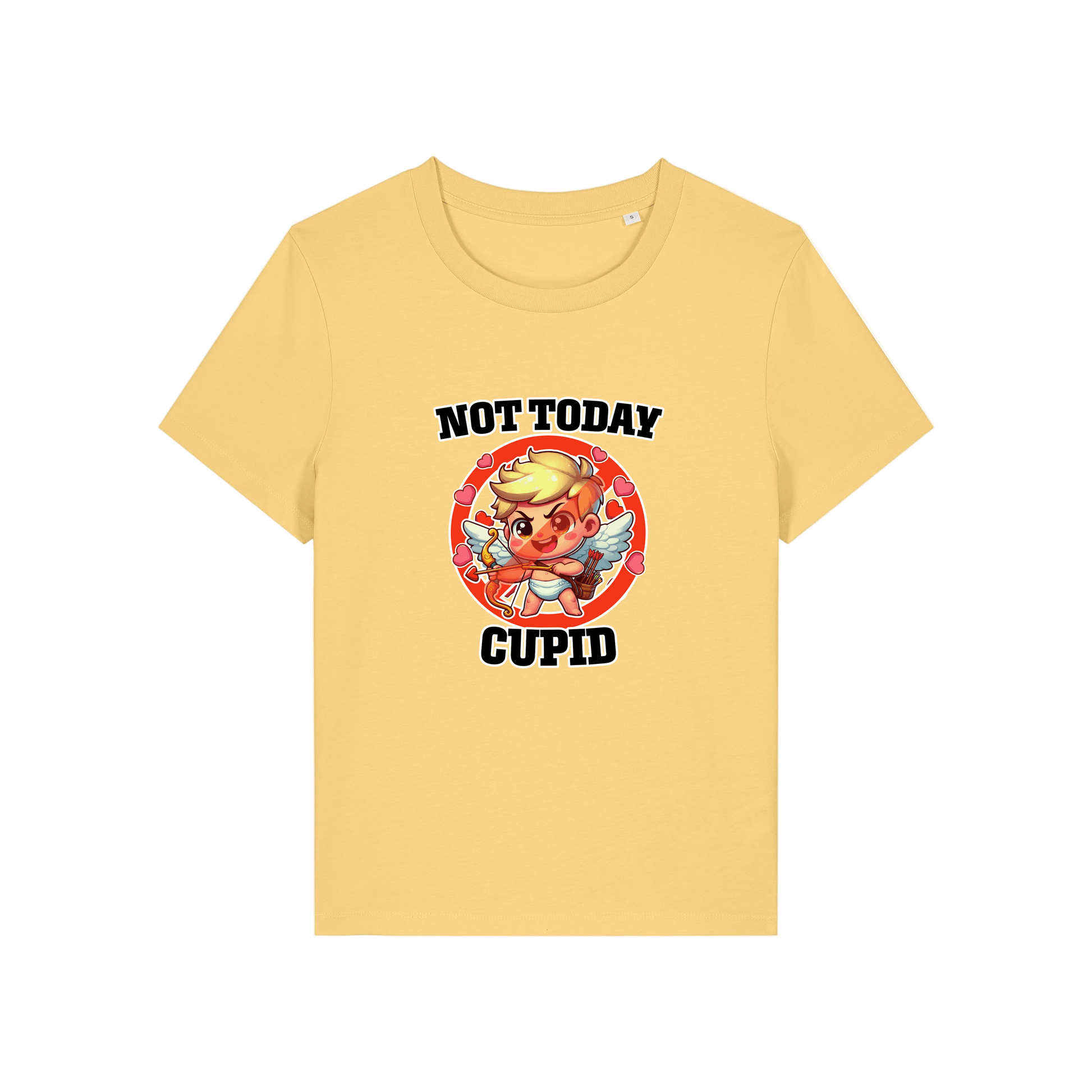 yellow funny t-shirt with the graphic of cupid and the slogan 'not today cupid'