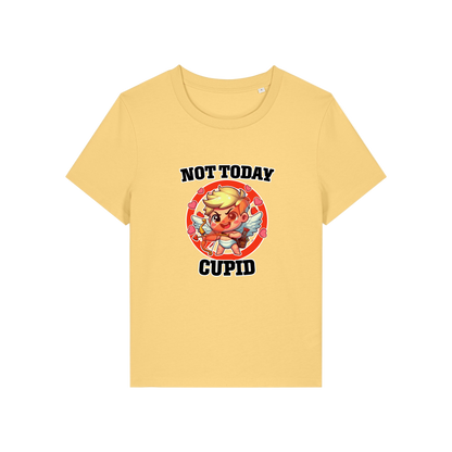 yellow funny t-shirt with the graphic of cupid and the slogan 'not today cupid'