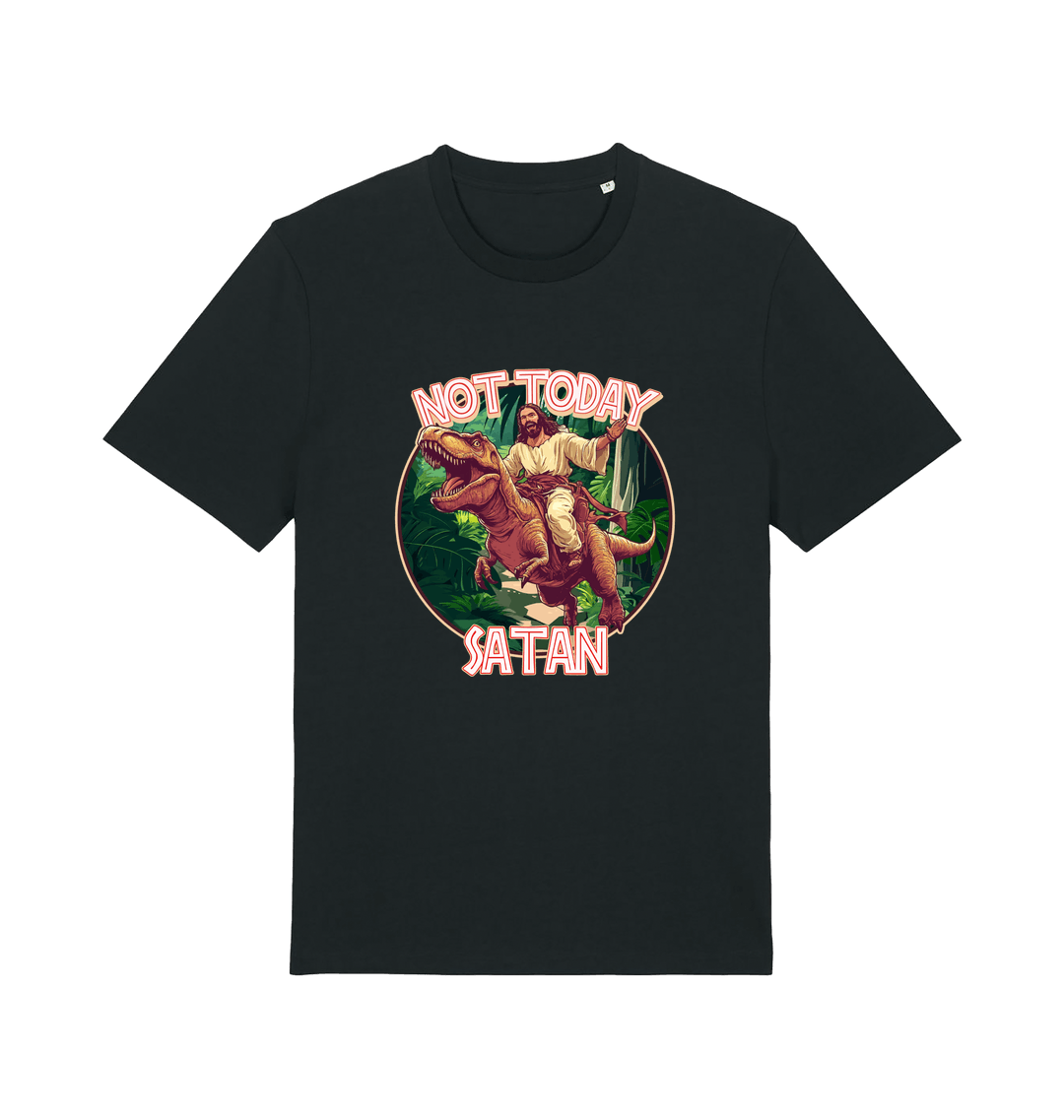 black funny jesus t-shirt with the graphic of jesus riding a dinosaur and the slogan 'not today satan'