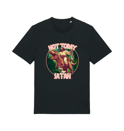 black funny jesus t-shirt with the graphic of jesus riding a dinosaur and the slogan 'not today satan'