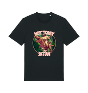 black funny jesus t-shirt with the graphic of jesus riding a dinosaur and the slogan 'not today satan'