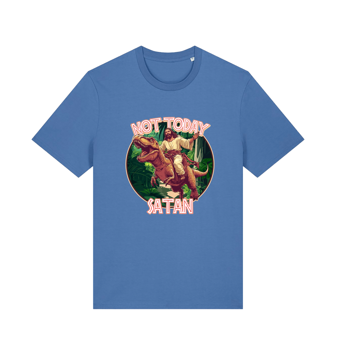 blue funny jesus t-shirt with the graphic of jesus riding a dinosaur and the slogan 'not today satan'
