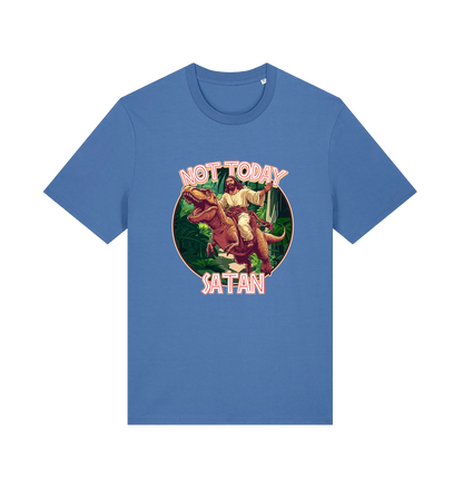 blue funny jesus t-shirt with the graphic of jesus riding a dinosaur and the slogan 'not today satan'