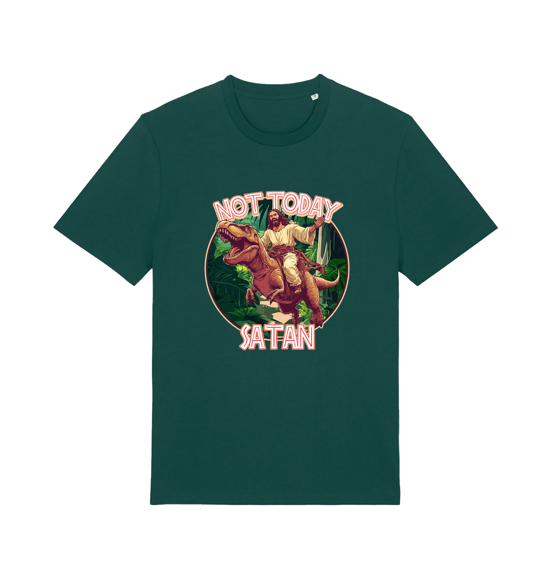 green funny jesus t-shirt with the graphic of jesus riding a dinosaur and the slogan 'not today satan'