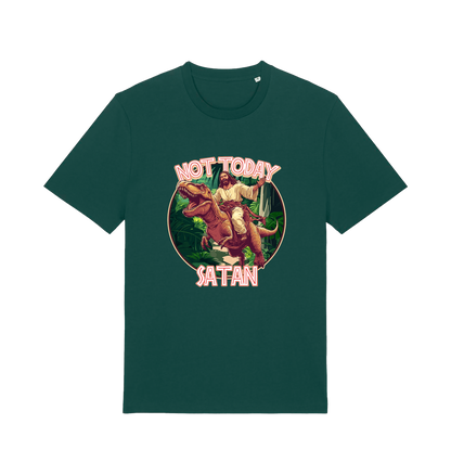 green funny jesus t-shirt with the graphic of jesus riding a dinosaur and the slogan 'not today satan'