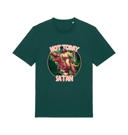 green funny jesus t-shirt with the graphic of jesus riding a dinosaur and the slogan 'not today satan'