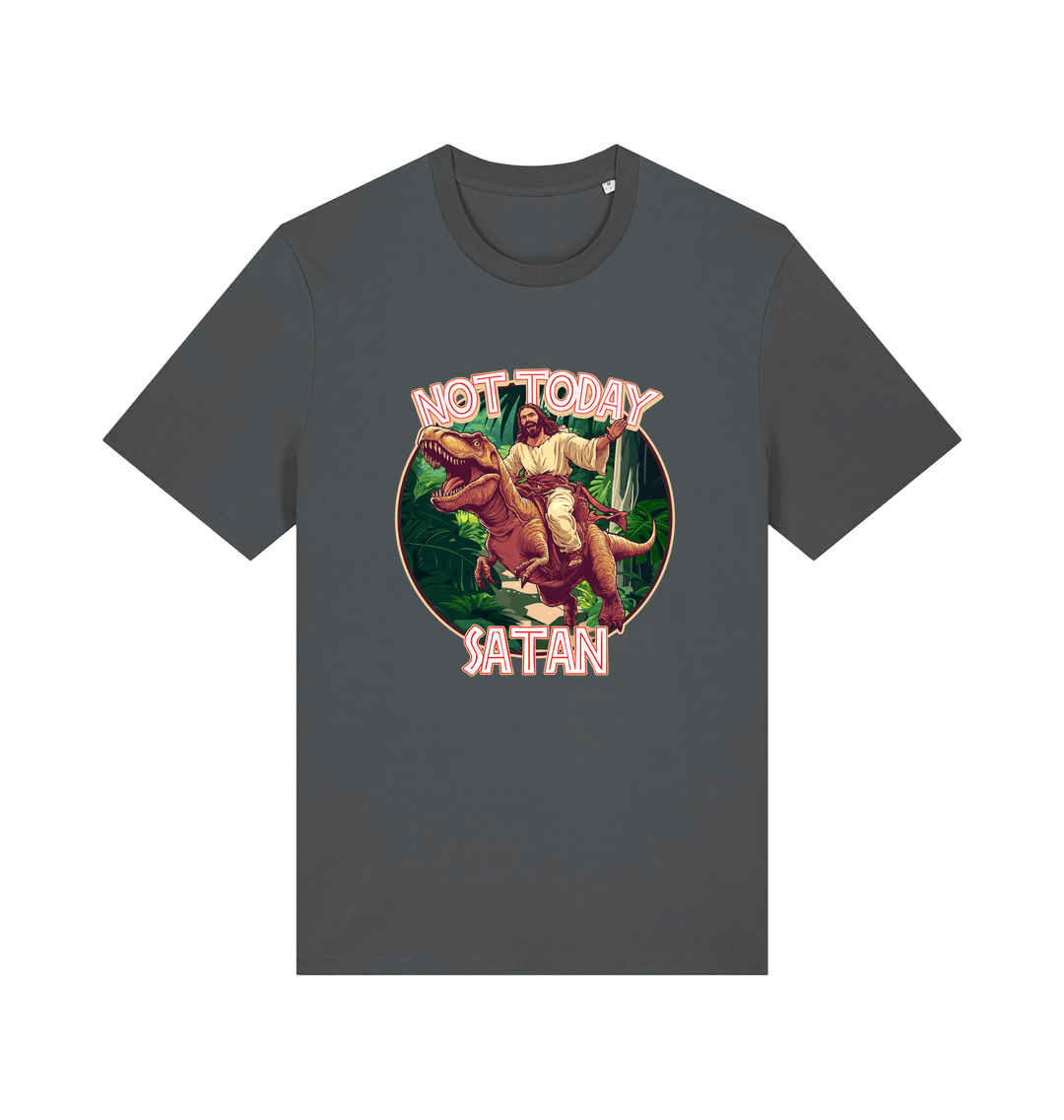 grey funny jesus t-shirt with the graphic of jesus riding a dinosaur and the slogan 'not today satan'