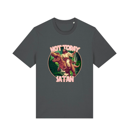 grey funny jesus t-shirt with the graphic of jesus riding a dinosaur and the slogan 'not today satan'