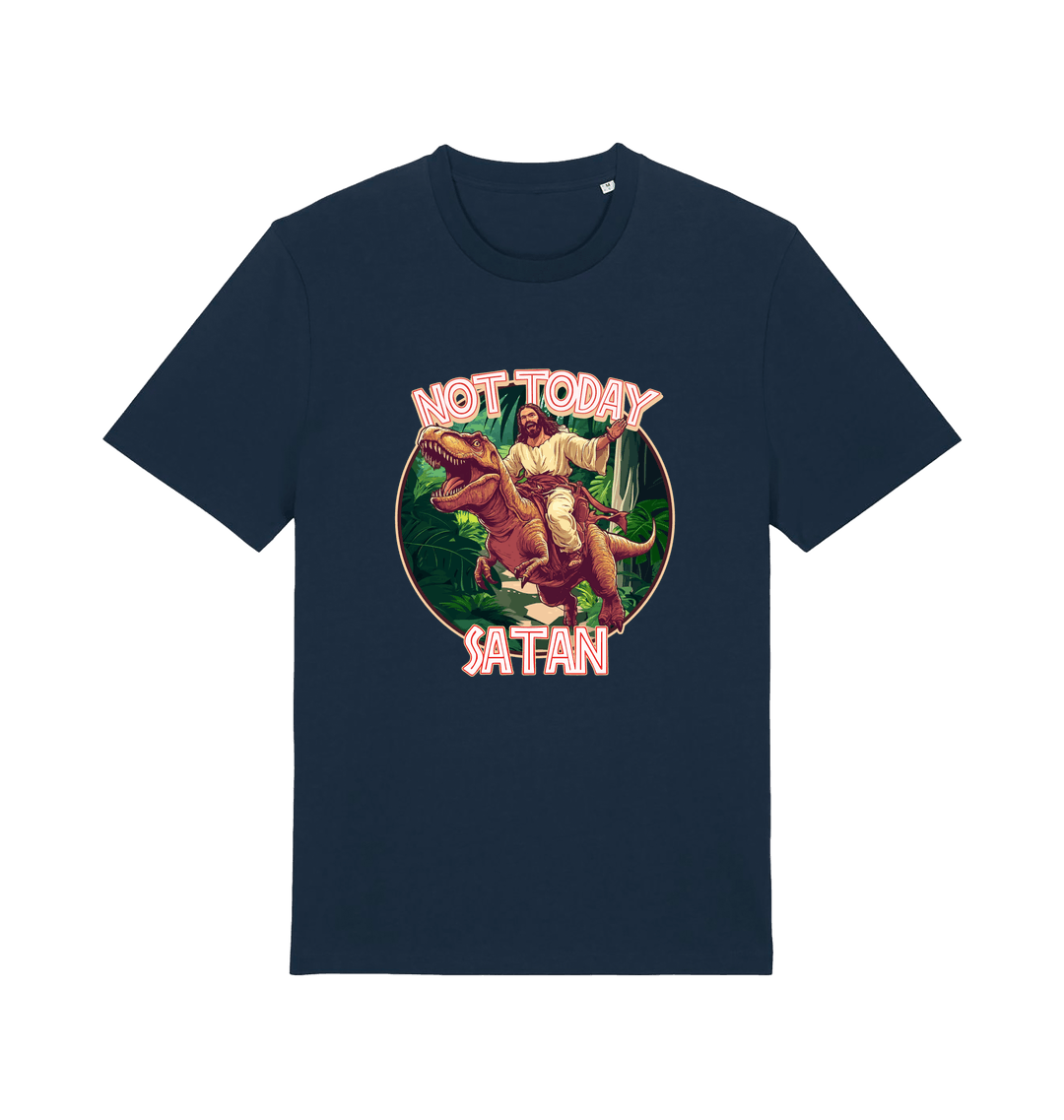 navy funny jesus t-shirt with the graphic of jesus riding a dinosaur and the slogan 'not today satan'