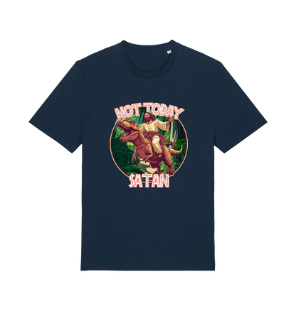 navy funny jesus t-shirt with the graphic of jesus riding a dinosaur and the slogan 'not today satan'