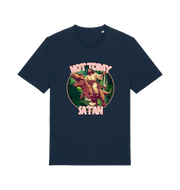 navy funny jesus t-shirt with the graphic of jesus riding a dinosaur and the slogan 'not today satan'