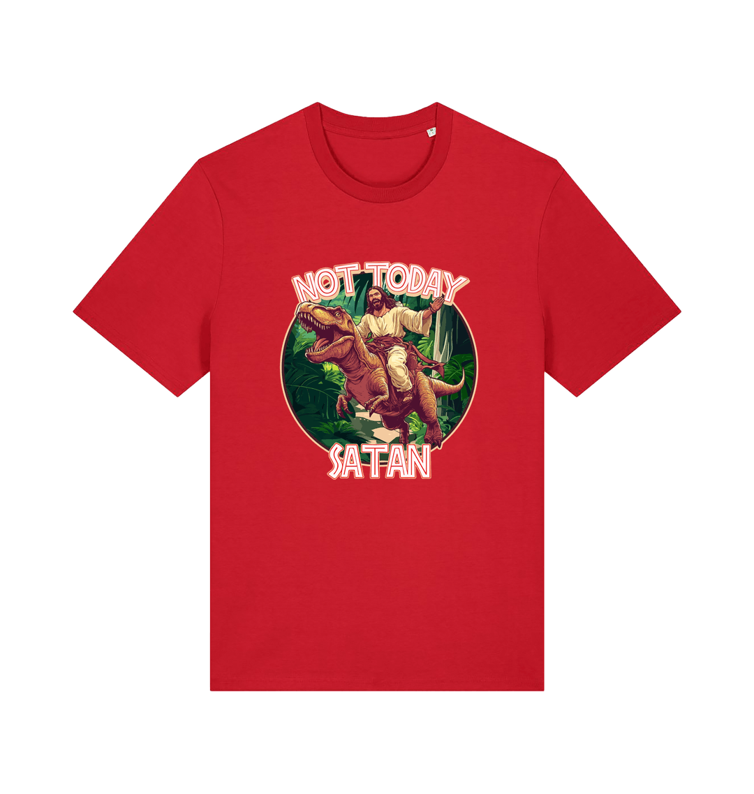 red funny jesus t-shirt with the graphic of jesus riding a dinosaur and the slogan 'not today satan'