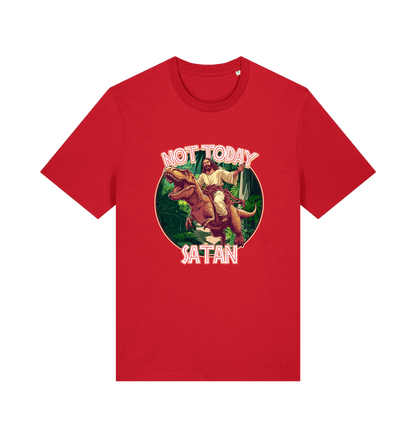 red funny jesus t-shirt with the graphic of jesus riding a dinosaur and the slogan 'not today satan'