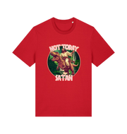 red funny jesus t-shirt with the graphic of jesus riding a dinosaur and the slogan 'not today satan'