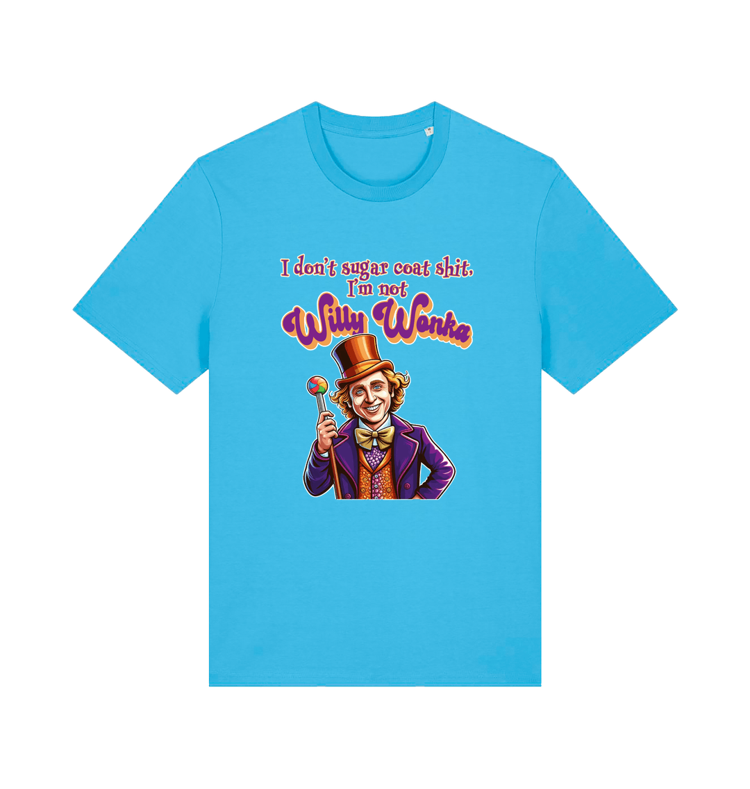 blue sarcastic t-shirt with a graphic depicting willy wonka and the slogan 'i don't sugar coat shit i'm not willy wonka'