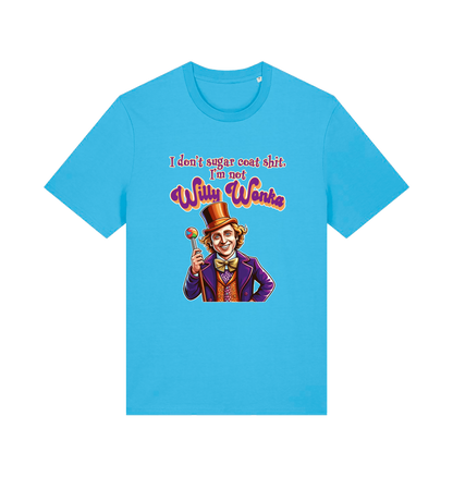 blue sarcastic t-shirt with a graphic depicting willy wonka and the slogan 'i don't sugar coat shit i'm not willy wonka'