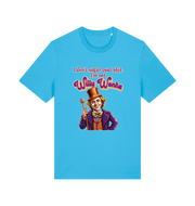 blue sarcastic t-shirt with a graphic depicting willy wonka and the slogan 'i don't sugar coat shit i'm not willy wonka'