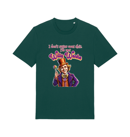 green sarcastic t-shirt with a graphic depicting willy wonka and the slogan 'i don't sugar coat shit i'm not willy wonka'