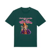 green sarcastic t-shirt with a graphic depicting willy wonka and the slogan 'i don't sugar coat shit i'm not willy wonka'
