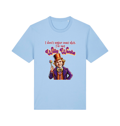 light blue sarcastic t-shirt with a graphic depicting willy wonka and the slogan 'i don't sugar coat shit i'm not willy wonka'