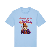 light blue sarcastic t-shirt with a graphic depicting willy wonka and the slogan 'i don't sugar coat shit i'm not willy wonka'