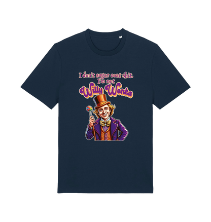 navy sarcastic t-shirt with a graphic depicting willy wonka and the slogan 'i don't sugar coat shit i'm not willy wonka'