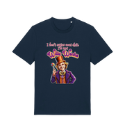navy sarcastic t-shirt with a graphic depicting willy wonka and the slogan 'i don't sugar coat shit i'm not willy wonka'