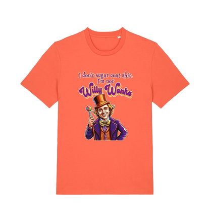 orange sarcastic t-shirt with a graphic depicting willy wonka and the slogan 'i don't sugar coat shit i'm not willy wonka'