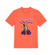 orange sarcastic t-shirt with a graphic depicting willy wonka and the slogan 'i don't sugar coat shit i'm not willy wonka'