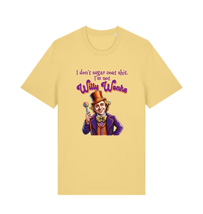 yellow sarcastic t-shirt with a graphic depicting willy wonka and the slogan 'i don't sugar coat shit i'm not willy wonka'