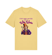 yellow sarcastic t-shirt with a graphic depicting willy wonka and the slogan 'i don't sugar coat shit i'm not willy wonka'