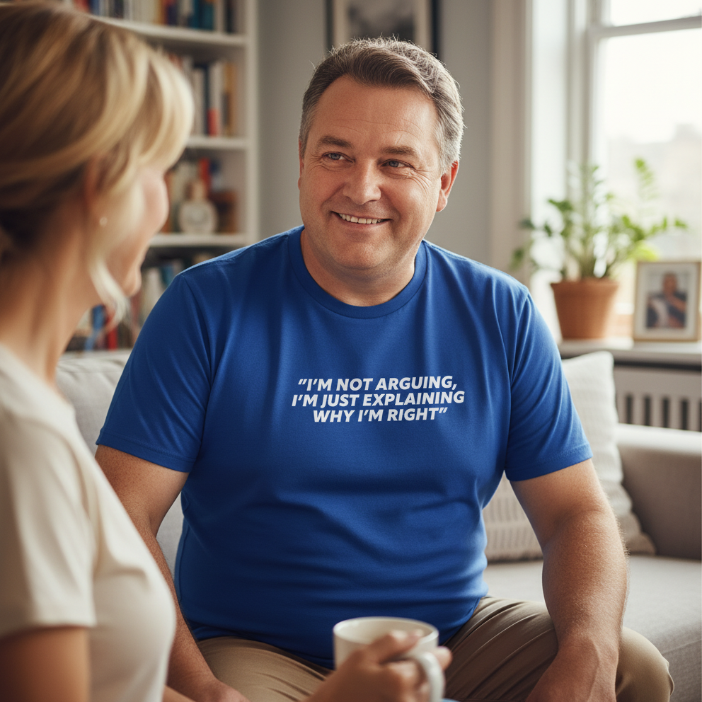 Man wearing a blue t-shirt with text, sitting on a couch with a woman, in a home setting.