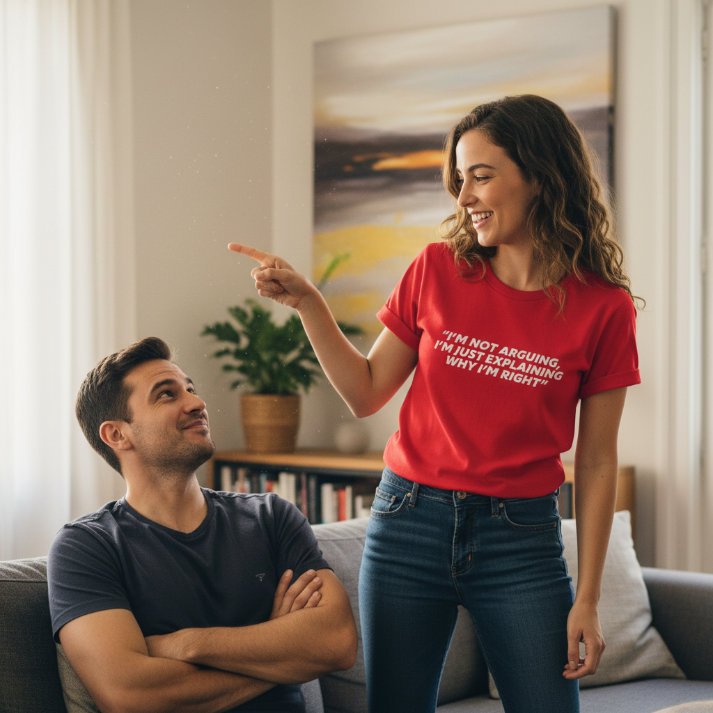 Woman in a red shirt pointing at a man in a living room